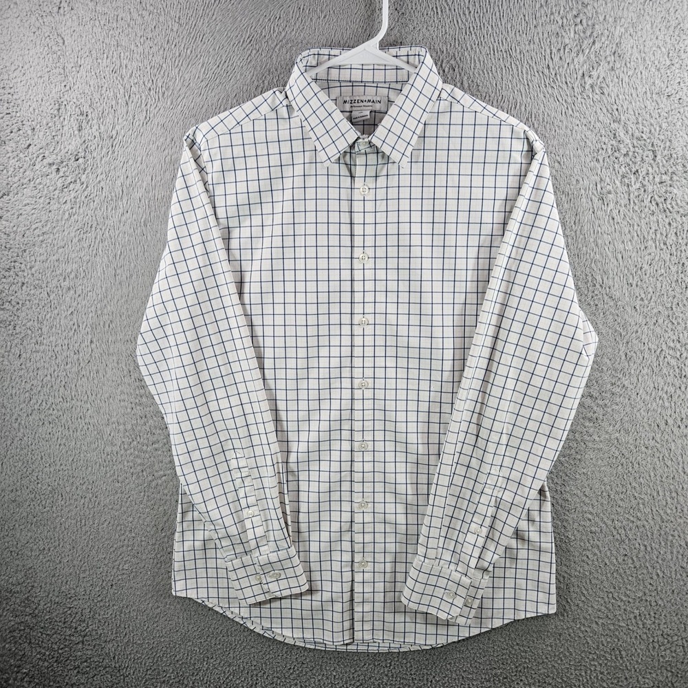 Mizzen+Main Mens Trim Fit Performance Dress Shirt L White Blue Grid